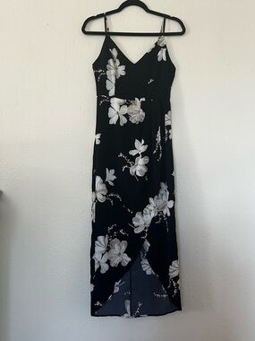 Black Floral Slip Midi Dress with White Bloom Print